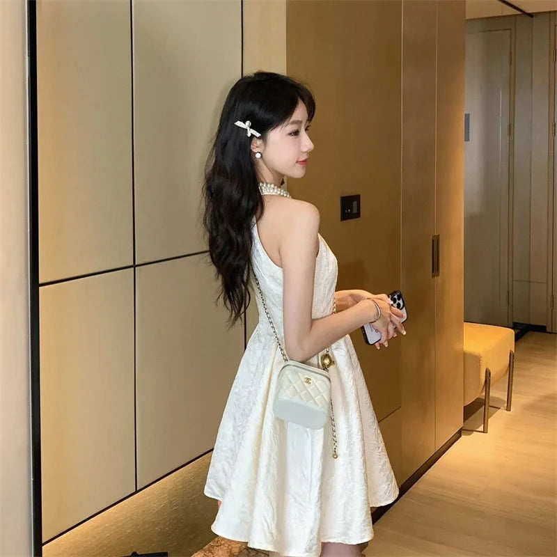 vmtvr Summer Pearl Halter Collar Dress Women Elegant Sleeveless New Sexy A Line Jacquard Mini Dress White Birthday Party Vestidos