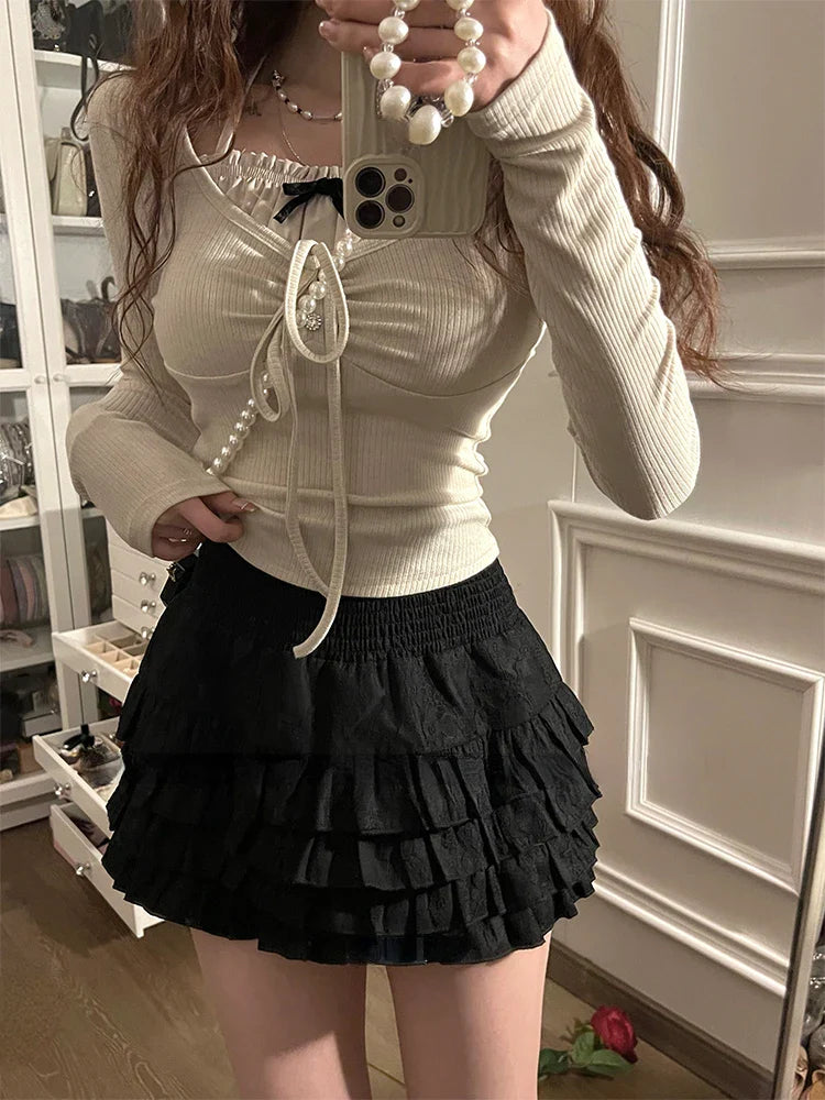 vmtvr Summer Korean Fashion Outfits Elegant French Y2k 2 Piece Dress Set Women Casual Long Sleeve Tops + Bodycon Mini Skrits