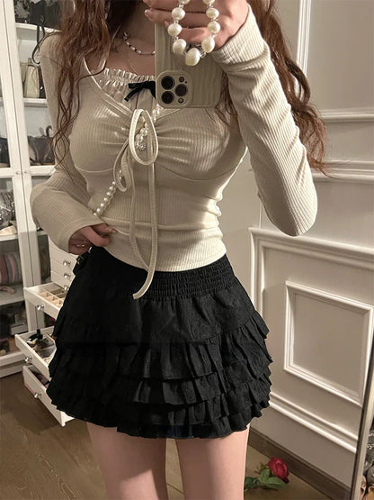vmtvr Summer Korean Fashion Outfits Elegant French Y2k 2 Piece Dress Set Women Casual Long Sleeve Tops + Bodycon Mini Skrits