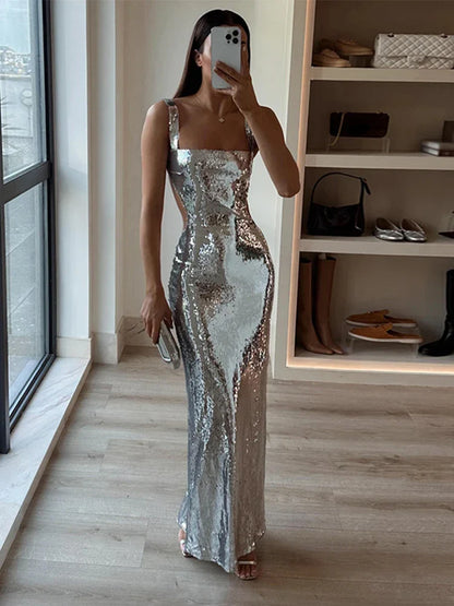 vmtvr  -  Sequins Sexy Backless Slip Maxi Dress Women Silver Sleeveless Slim Hip Package Evening Party Dresses Summer Club Robe