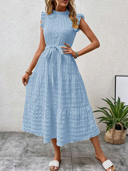 vmtvr  -  Ladies summer new fashion ruffled flying sleeves lace-up textured dress Office Lady dress