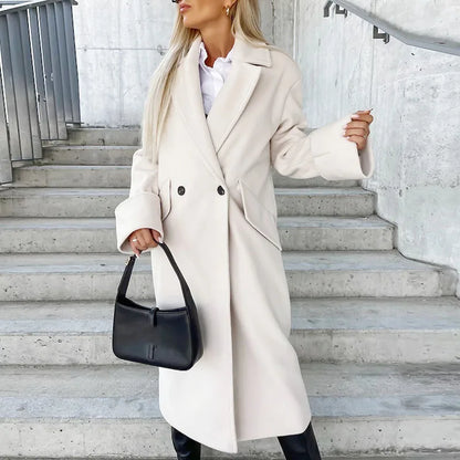 vmtvr Commuter Ladies Elegant Lapel Neck Woolen Coat Autumn Double Button Slim Long Tops Cardigan Winter Long Sleeve Warm Women Jacket