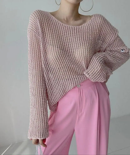 vmtvr Long Sleeve T-shirt Women Summer Thin Section Hollow Ice Silk Knit Sunscreen Coverall Korean Loose Tops