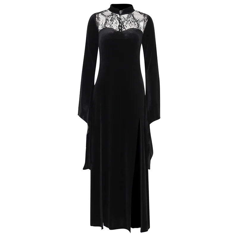 vmtvr  -  Halloween Party Long Dress Black High Waist Flared Sleeve Lace Cutout Gothic Maxi Dress Street Aesthetic Clubwear Maxi Dress