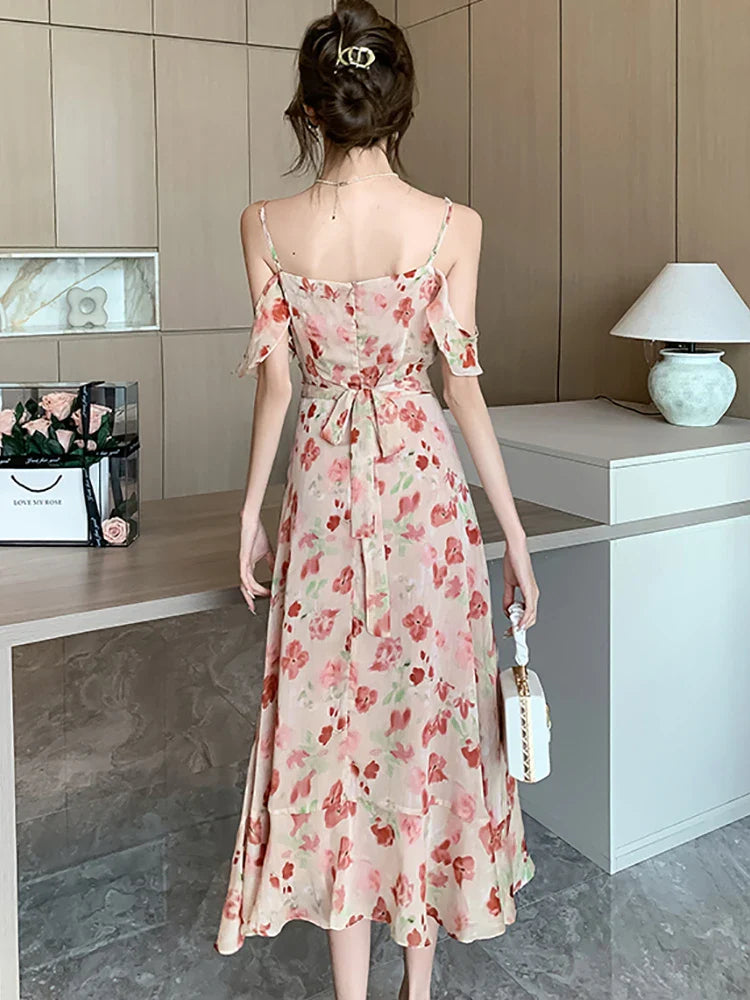 vmtvr 2024 Pink Floral Chiffon Chic Ruffled Sling Dress Women Elegant Casual Beach Dress Sets Summer Korean Fashion Casual Party Dress