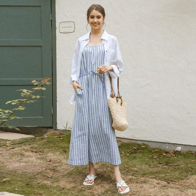 vmtvr Striped Halterneck Cotton Linen Dresses Summer New Casual Beach Vacation Sleeveless Loose Women Long Dresses Maxi Boho Sundress