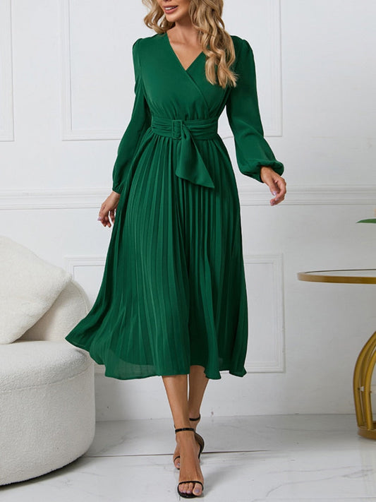 vmtvr - Dress for Women Solid Color V Neck Long Sleeve Slim-fitting Pleated Dress Spring Summer Temperament Elegant Evening Party Skirts