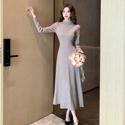 vmtvr New Vintage Knitted Sweater Midi Dresses for Women New Autumn Winter Half High Collar Thickened Elastic Ladies Slim Dress