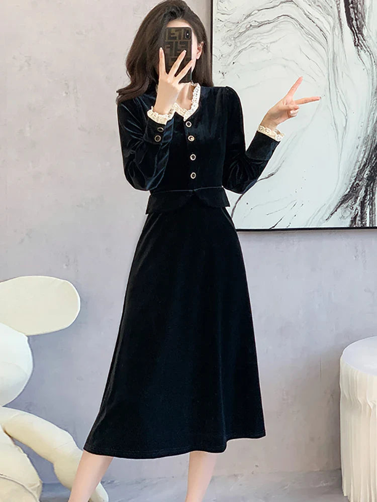 vmtvr  -  Black Velvet Chic Lace V-Neck Evening Dress for Women Autumn Winter Korean Vintage Hepburn Dress Fashion Elegant Prom Dress