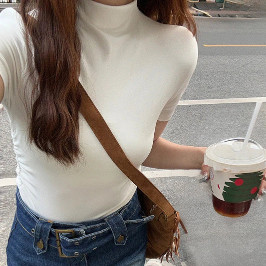 vmtvr Short Slim Turtleneck Pullover Inner Bottom Shirt Women Summer Spice Girls Design Tight Short Sleeve t-shirt Tops Soft