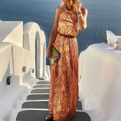 vmtvr - Beach Style Lady Casual Sleeveless Long Dress Streetwear Women Halter Backless Print Dress Loose Off Shoulder Summer Maxi Dress