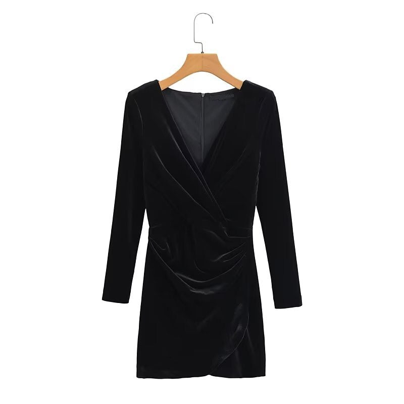 vmtvr New Spring 2023 Women Long Sleeve V Neck Ruched Velvet Mini Dress Vintage Ladies Sexy Vestido