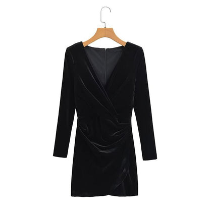 vmtvr New Spring 2023 Women Long Sleeve V Neck Ruched Velvet Mini Dress Vintage Ladies Sexy Vestido