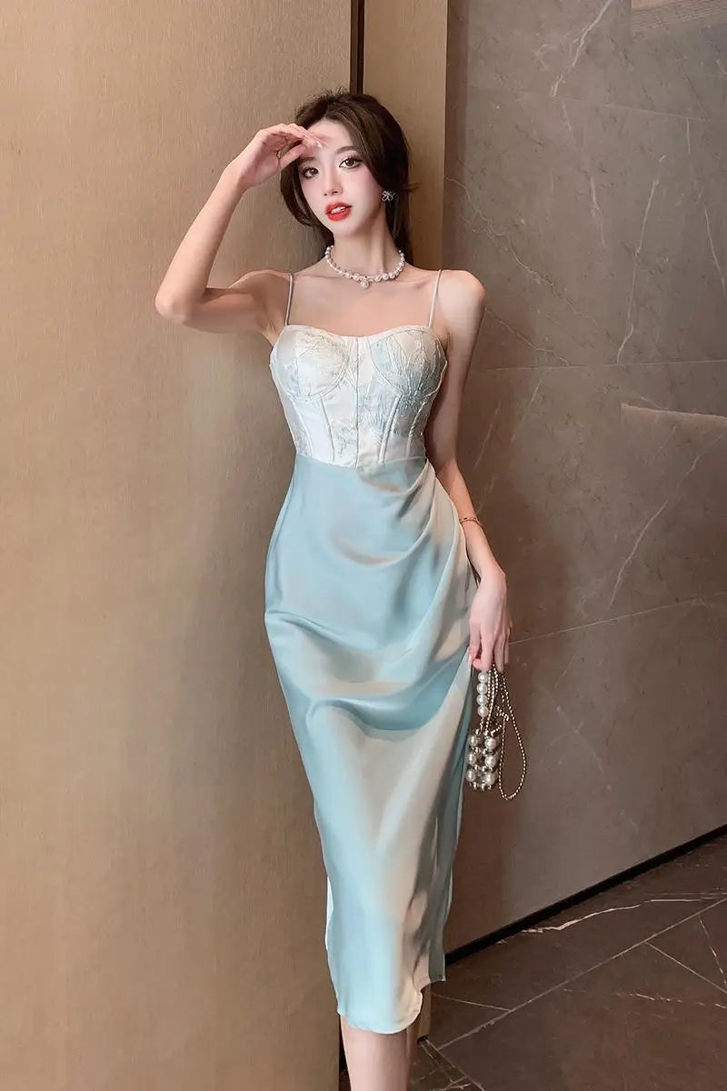 vmtvr Sexy Backless Midi Dresses for Women Summer Elegant Party Prom Suspender Female Clothes Vestidos Satin Embroidery Evening Dress