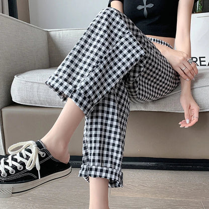 vmtvr Women Cotton Linen Plaid Pants Korean Casual Streetwear Ankle Length Pants Summer Fashion Female High Waist Y2K Trousers New