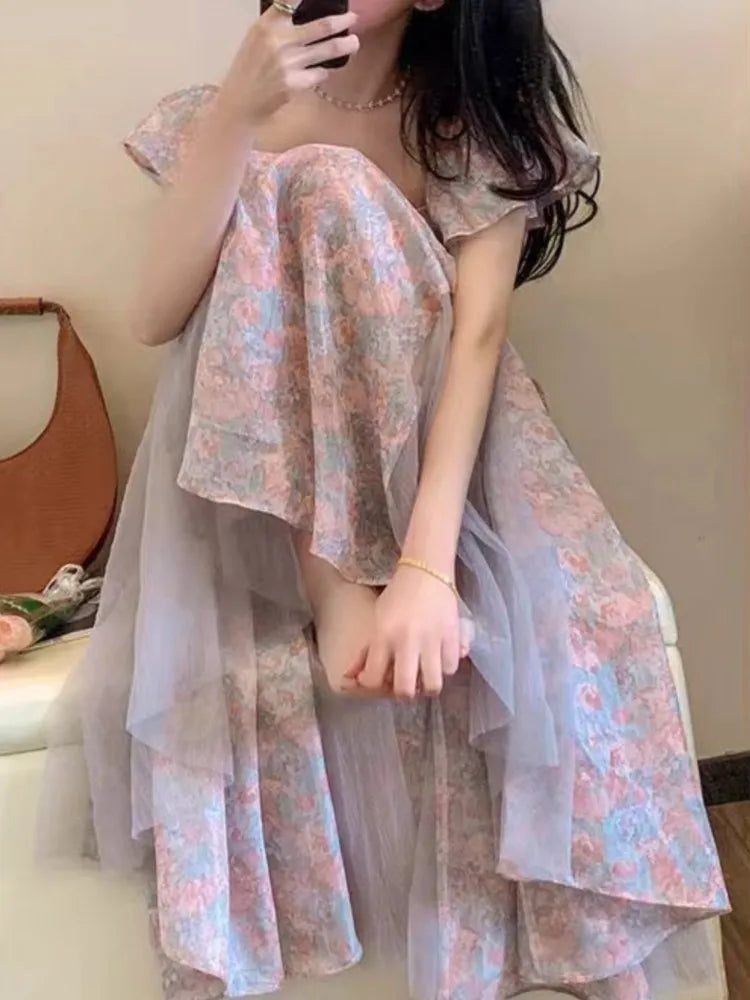 vmtvr  -  outfit ideas Elegant Chiffon Floral Strap Dress for Women Summer Mesh Stitching Strapless Dress Holiday Ladies Vestidos Female Robe