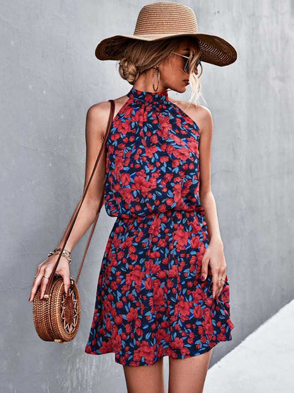 vmtvr - 2023 Summer Short Floral Dress Women Sleeveless Mini Halter Boho Dress Ladies Sundress Flower Holiday Party Dress For Women Red