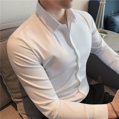 New High Elasticity Seamless Men's Shirt Long Sleeve Slim Casual Shirt Solid Color Business Formal Dress Party Shirts 4XL-M