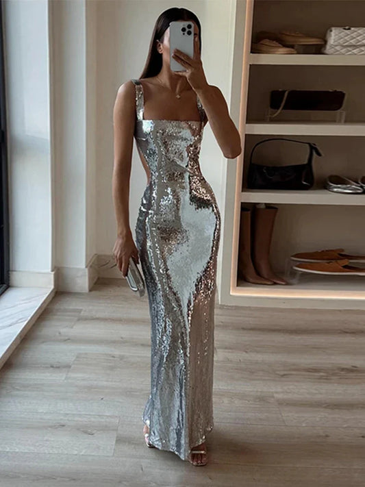 vmtvr  -  Sequins Sexy Backless Slip Maxi Dress Women Silver Sleeveless Slim Hip Package Evening Party Dresses Summer Club Robe