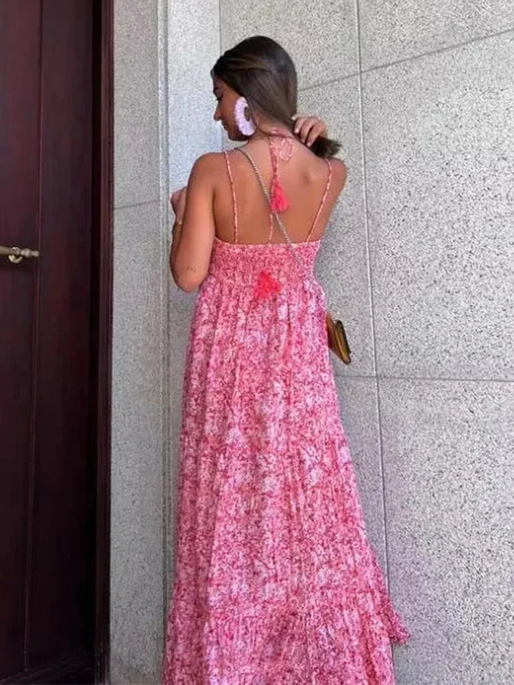 vmtvr  -  V-neck Women Sundress Backless Smocked Sexy Boho Dress Casual Beach Vestidos Maxi Long Fashion Pink Dress Holiday New