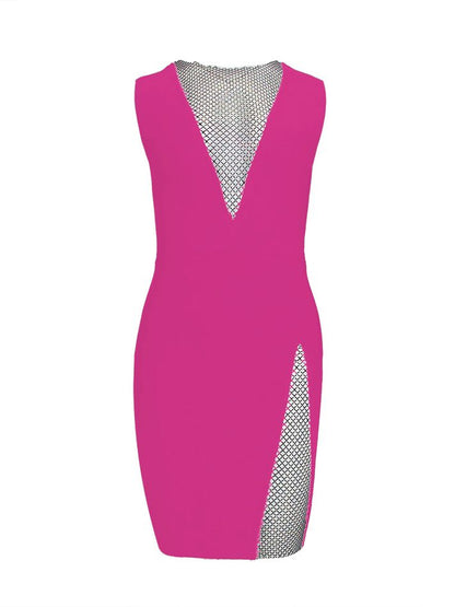 Summer New Women's Sexy V-neck Sleeveless Mesh Diamond Bodycon Bandage Dress Fashion Designer Evening Party Dress Vestido