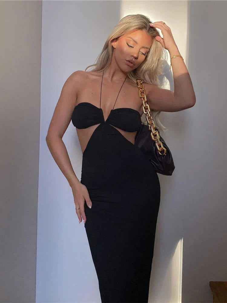 Summer Spaghetti Strap Halter Sexy Backless Maxi Dress Elegant Bandage Sleeveless Club Party Dresses Bodycon