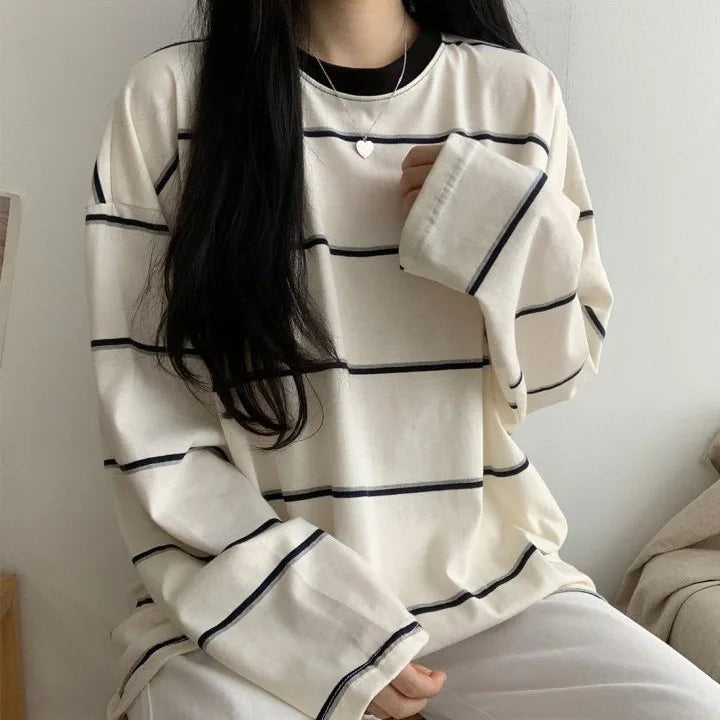 -Fall Outfits Long Sleeve Top -T-shirts Women Students Striped Chic Streetwear Harajuku All-match Prevalent Long Sleeve Teens Top Unisex Camisetas Tender Tees