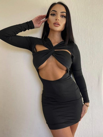 vmtvr - Autumn Hollow Out Mini Dress For Women Fashion Robe Black Long Sleeve Bodycon Ruched Short Dress Vestido