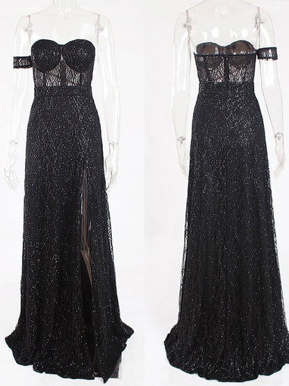 One Sleeve Strapless Long Ball Gown Split Leg Hollow Out Padded Black Glittered Party Maxi Dress