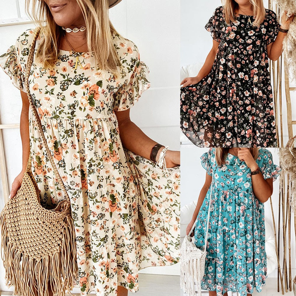 Women Floral Printing Dress Boho Short Sleeve Big Hem Casual Woman Female Loose Ruffles Mini Dresses for 2023 Summer Robe Femme