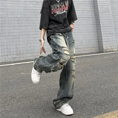 vmtvr Vintage Women Distressed Washed Jeans Spring Summer New Loose Pants Trend Hip Hop High Waist All-match Fashion Straight Trousers