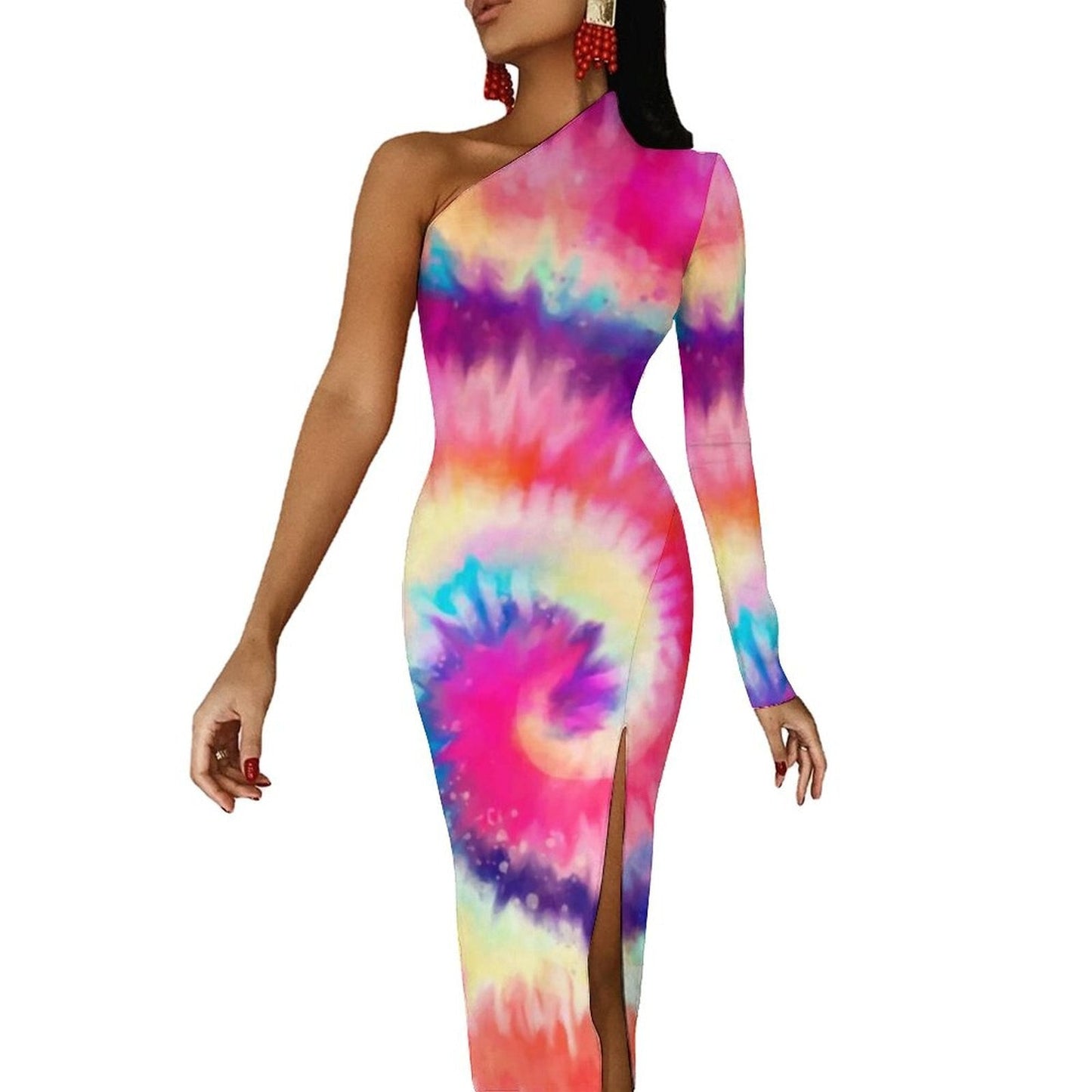 Rainbow Colors Maxi Dress Long Sleeve Colorful Aesthetic Cute Bodycon Dress High Slit Party Long Dresses Women Pattern Vestidos