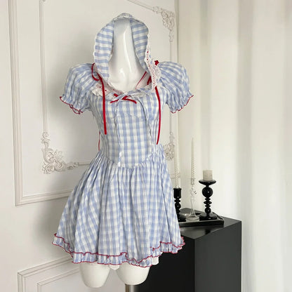 vmtvr  -  Summer Sweet Chiffon Fluffy Cake Mini Dress Women Slim Lace Splicing Plaid Bow Dress Japanese Kawaii Beach Style Short Sleeve