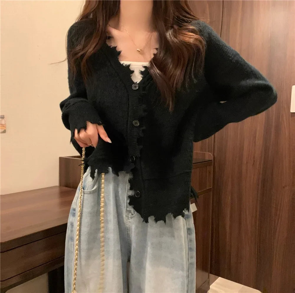 vmtvr French Style Sweater Cardigan Women Long Sleeve V-neck Frayed Sweaters Autumn Winter Cropped Kintted Cardigan Elegant Streetwear