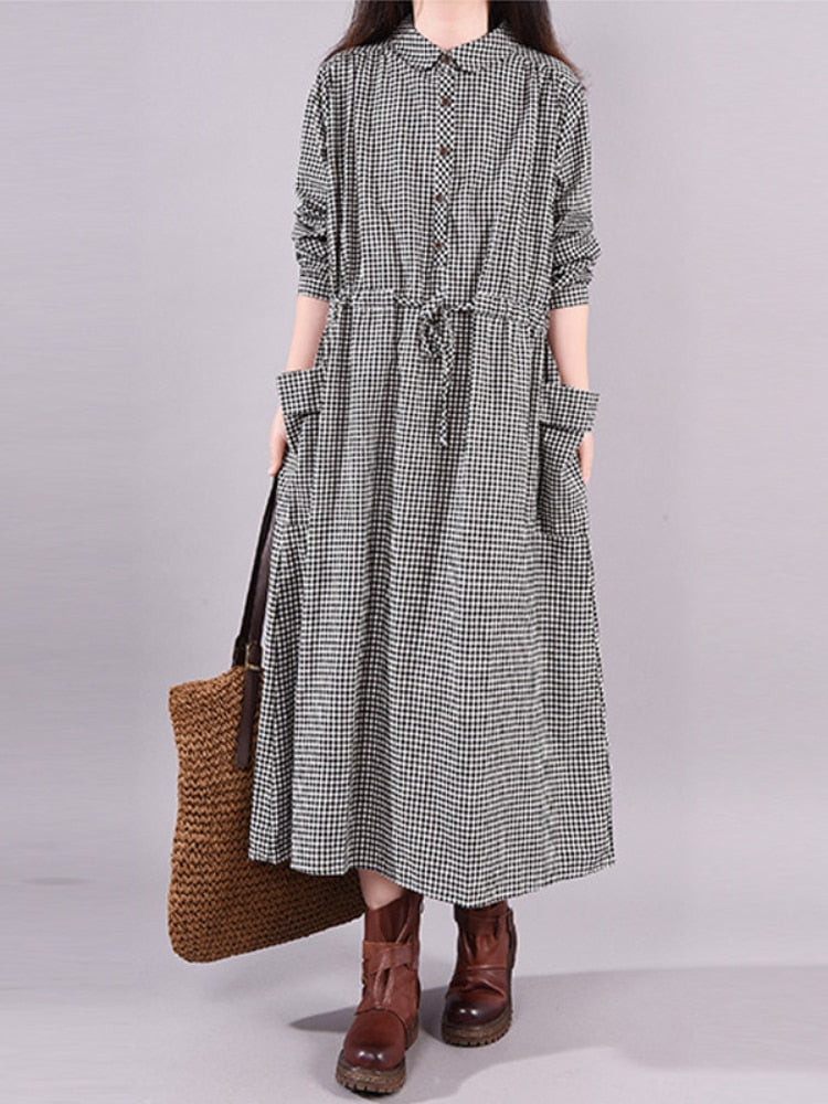 vmtvr - Dresses for Women Loose Stitching Cotton and Linen Plaid Long-sleeved Dress Women's Lace-up Waist Midi Skirt  Elegantly