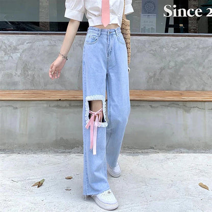 vmtvr Y2K Women Ripped Jeans Korean Bow Tie Bandage Loose Wide Leg Pants Summer Fashion Female All Match Student Denim Trousers