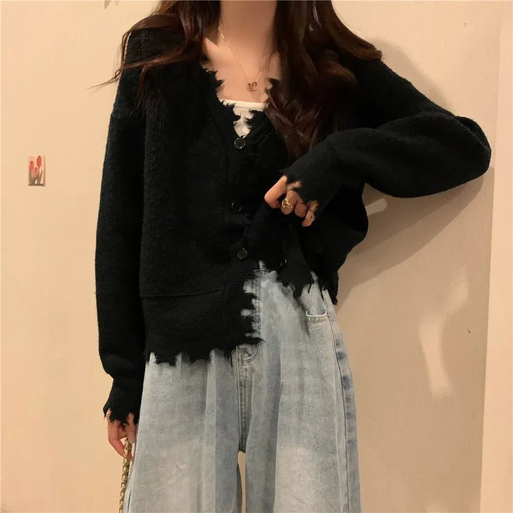 vmtvr French Style Sweater Cardigan Women Long Sleeve V-neck Frayed Sweaters Autumn Winter Cropped Kintted Cardigan Elegant Streetwear