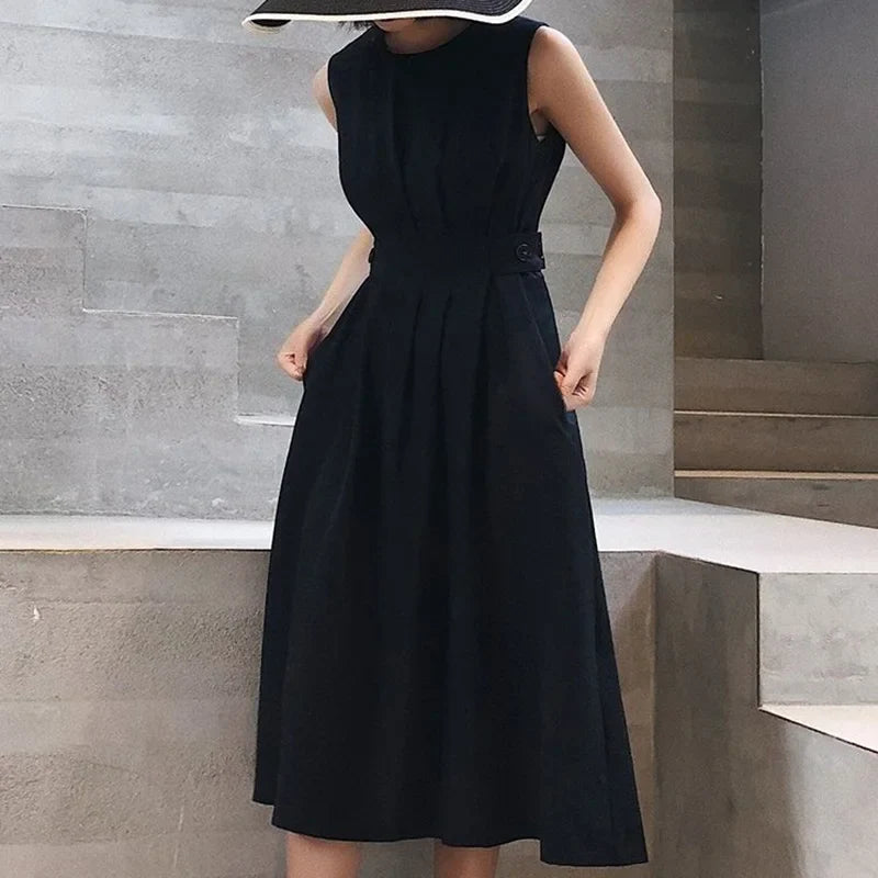 vmtvr Elegant Women Black Dress Korean Fashion Female Waist Midi Dress Hepburn Style Button A Line Sleeveless Dresses Summer New