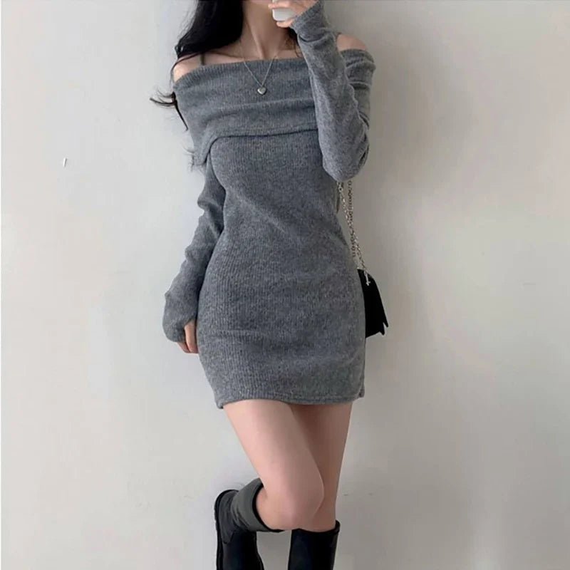 -Korean Knitted Mini Dress Women Off Shoulder Sexy Bodycon Dress Autumn Winter Solid Pullover Dresses  Suspender Sweater