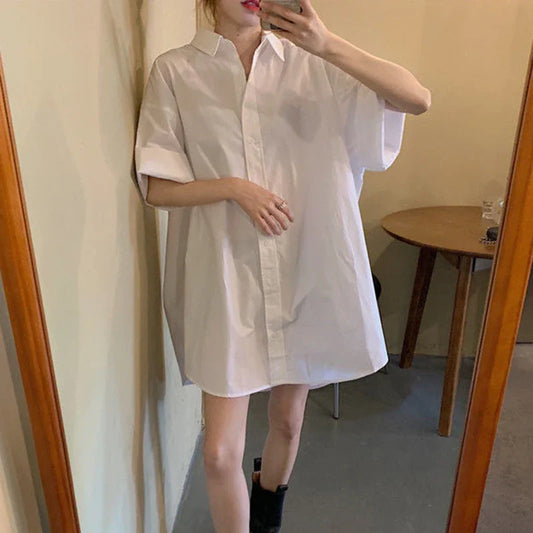 vmtvr Summer Vintage Women Shirts Korean Casual Loose Mid Length Shirts Y2K Female Bf All Match Short Sleeve Tops New