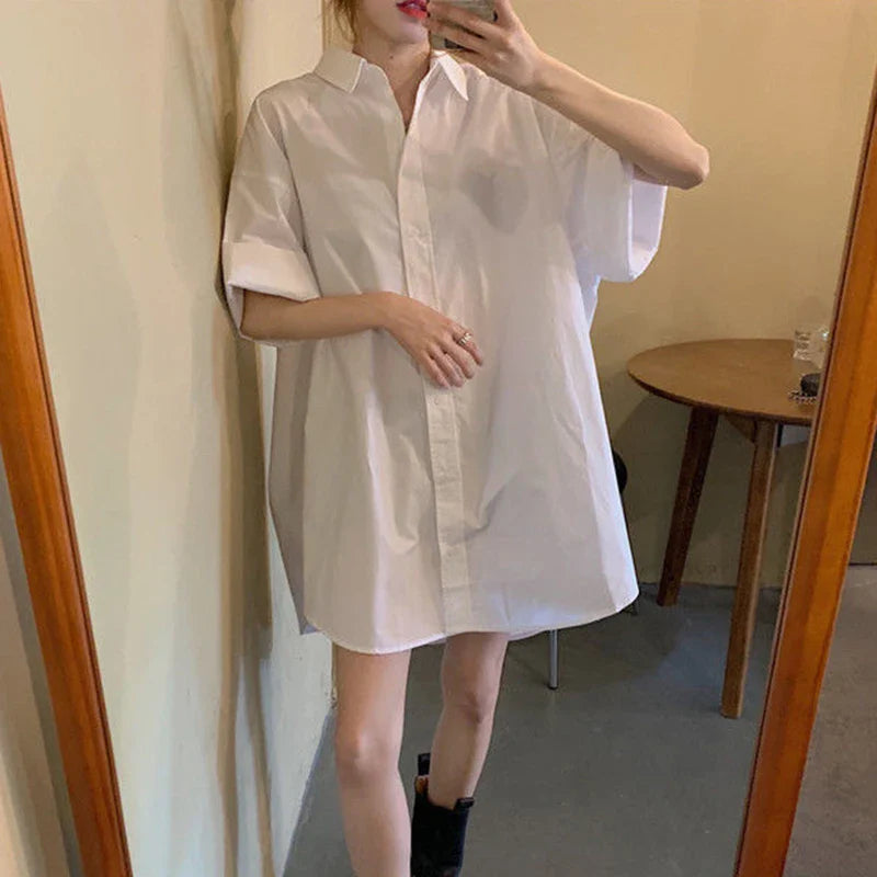 vmtvr Summer Vintage Women Shirts Korean Casual Loose Mid Length Shirts Y2K Female Bf All Match Short Sleeve Tops New