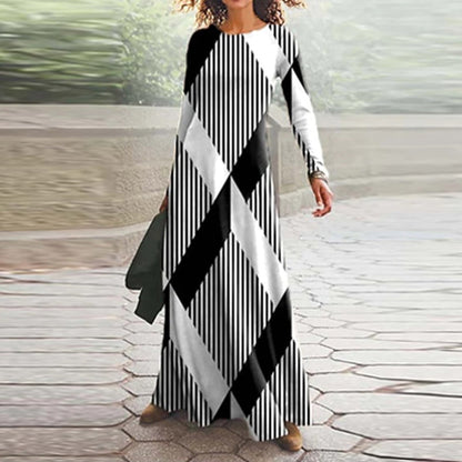 vmtvr  Spring Geometric Print Long Party Dress Women Elegant O Neck Office Maxi Dress Autumn Long Sleeve Hem Boho Lady Dress Mujer