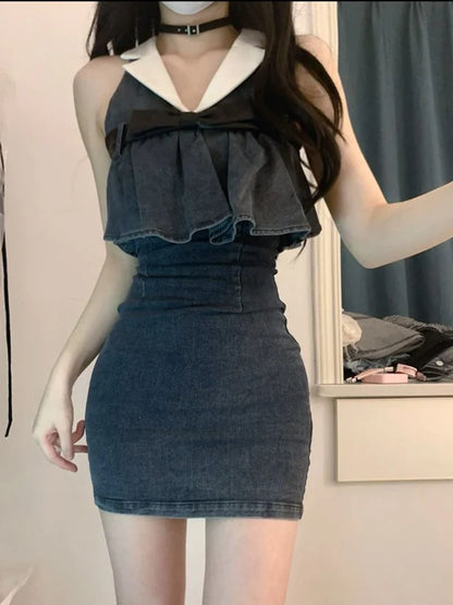 vmtvr  -  French Vintage Denim Dress Women Causal Y2k Office Lady Slim Mini Dress Summer Korean Fashion Elegant Retro One Piece Dress