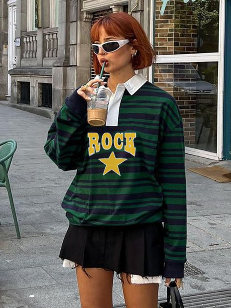 Harajuku Green Stripe Star Print Loose Women's Sweatshirt Preppy Autumn Pullover Tops Korean Clothes Sweat Shirts Y2K