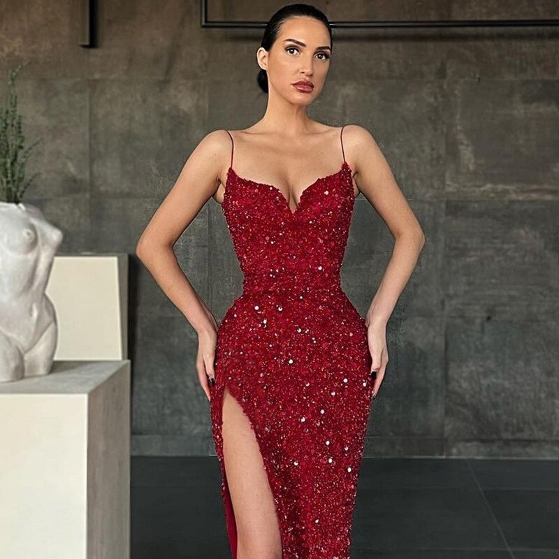 Women Evening Slip Dress 2023 Elegant Luxury Woman V-neck High Waist Tunic Midi Wedding Birthday Party Sequin Dresses Purple Red