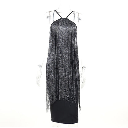 Sexy Sequins Tassel Halter Dress Women Fashion Sleeveless Backless Slim Dresses Lady Elegant Clubwear Party Evening  Dress