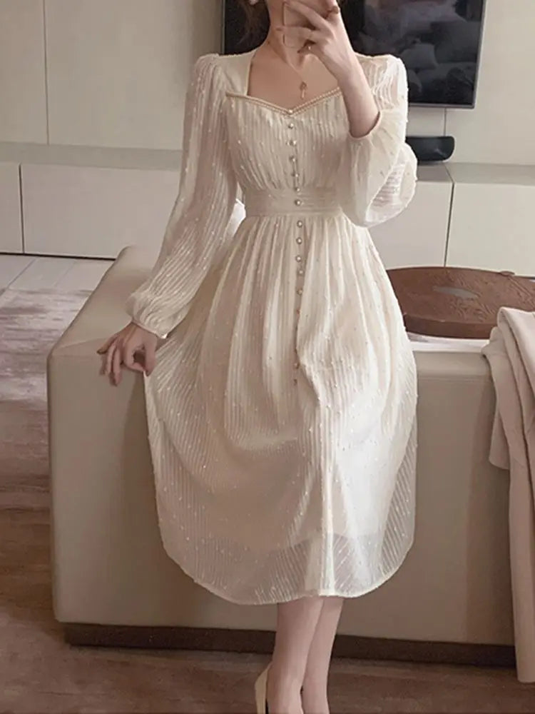 vmtvr 2024 Summer New Women Fashion Elegant White Midi Dresses Vintage Princess Female Party A Line Clothes Prom Robe Vestdios