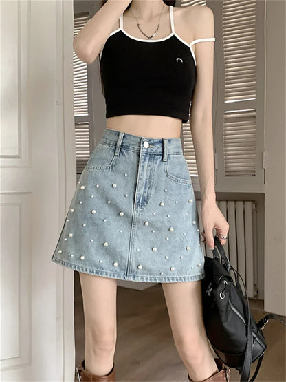 vmtvr Office Lady New Mini Skirts Women Summer OL Chic Pearls High Waist Sweet Denim Bodycon Streetwear Jeanswear