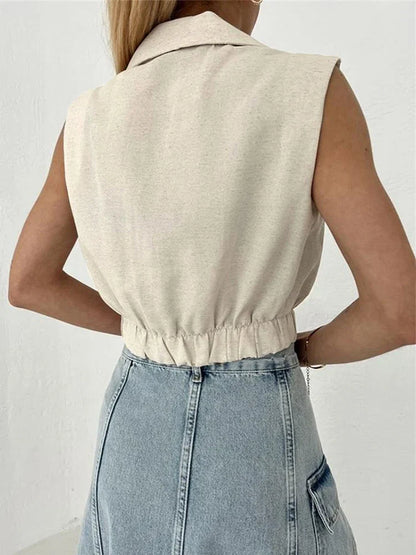 vmtvr 2024 Summer Women Solid Khaki Linen Tank Tops Sleeveless V-neck Vest Crop Tops For Women Female