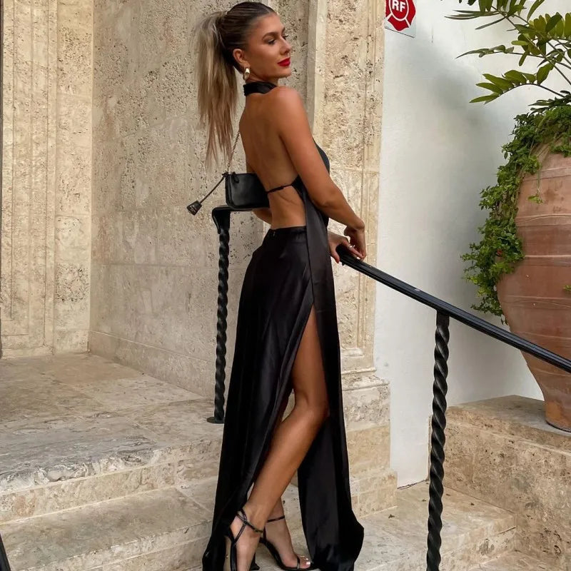 Women's Sexy Backless Split Dress 2024 Summer New Fashion Temperament Sexy Nightclub MIDI Skirt Black Dress Women LOOSE